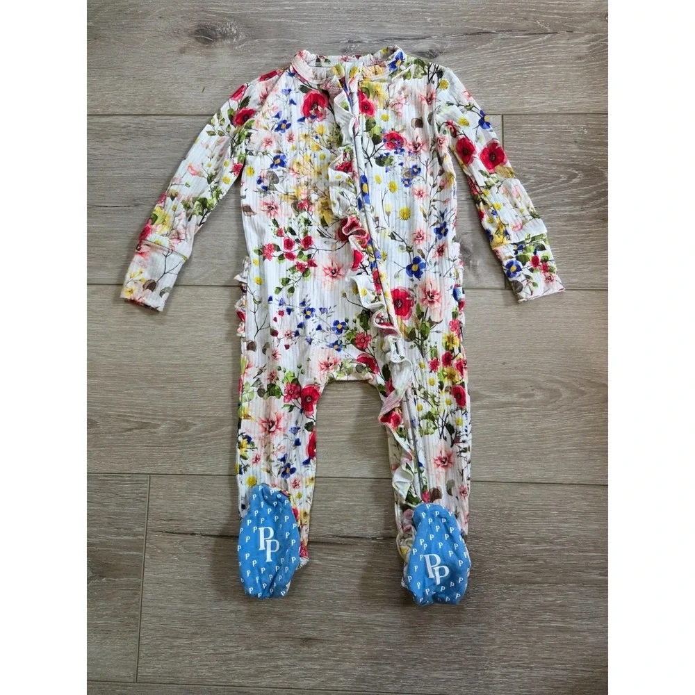 Posh Peanut Floral 1 Piece Ruffle Sleeper Pajamas Bamboo Infant 6-9m